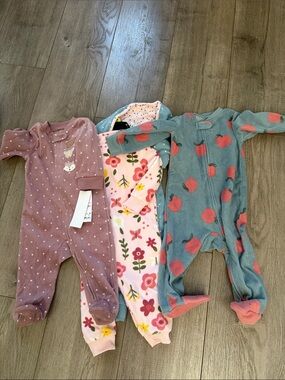 Carter's Mauve, Pink & Teal Floral and Apple Footed One-Pieces